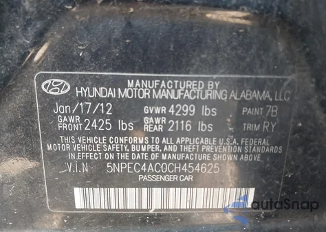 2012 Hyundai Sonata Se z USA, uszkodzony, nr VIN 5NPEC4AC0CH454625